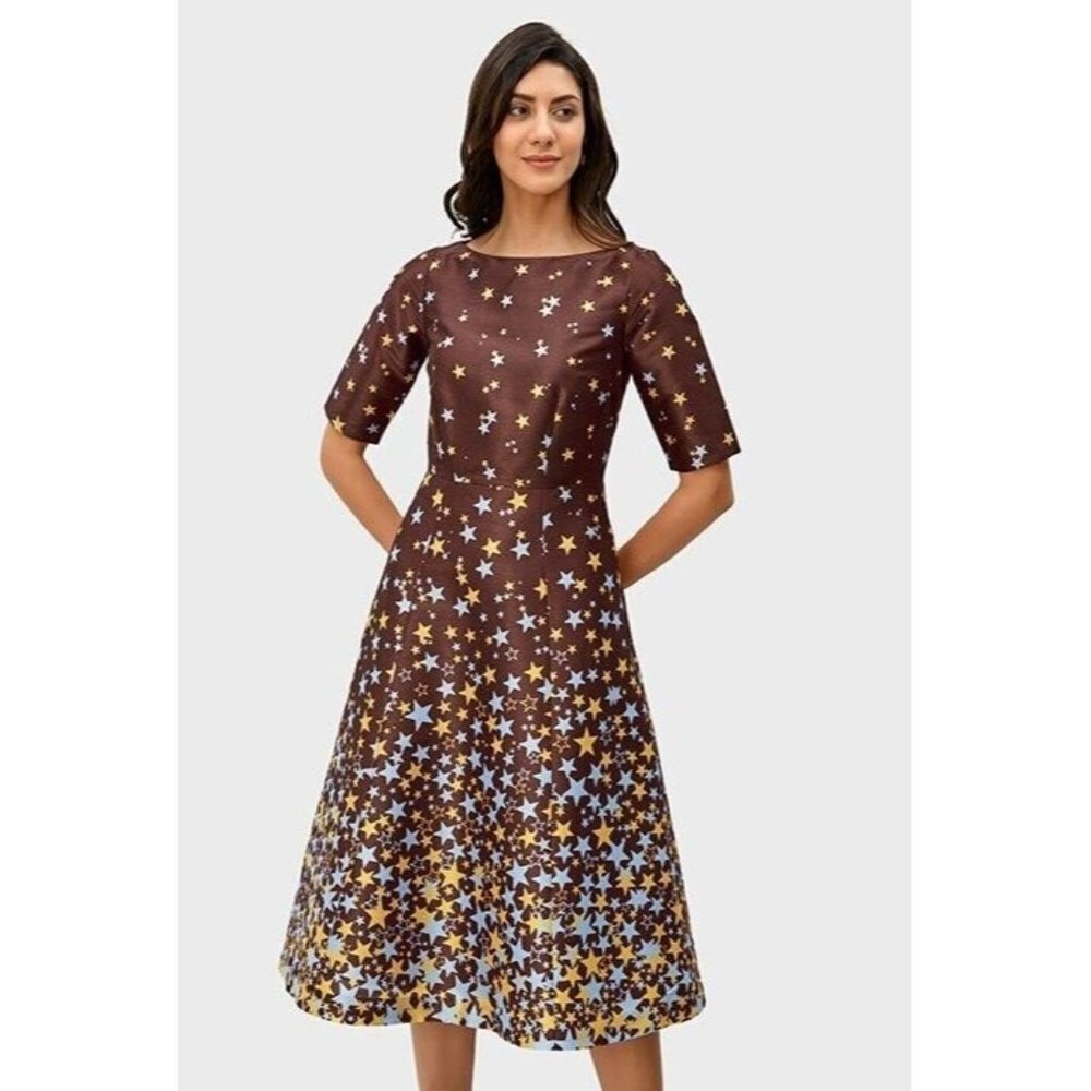 EShakti Woman's Sz 4x 28W Cascading Star Print Duponi Dress Brown Blue Yellow